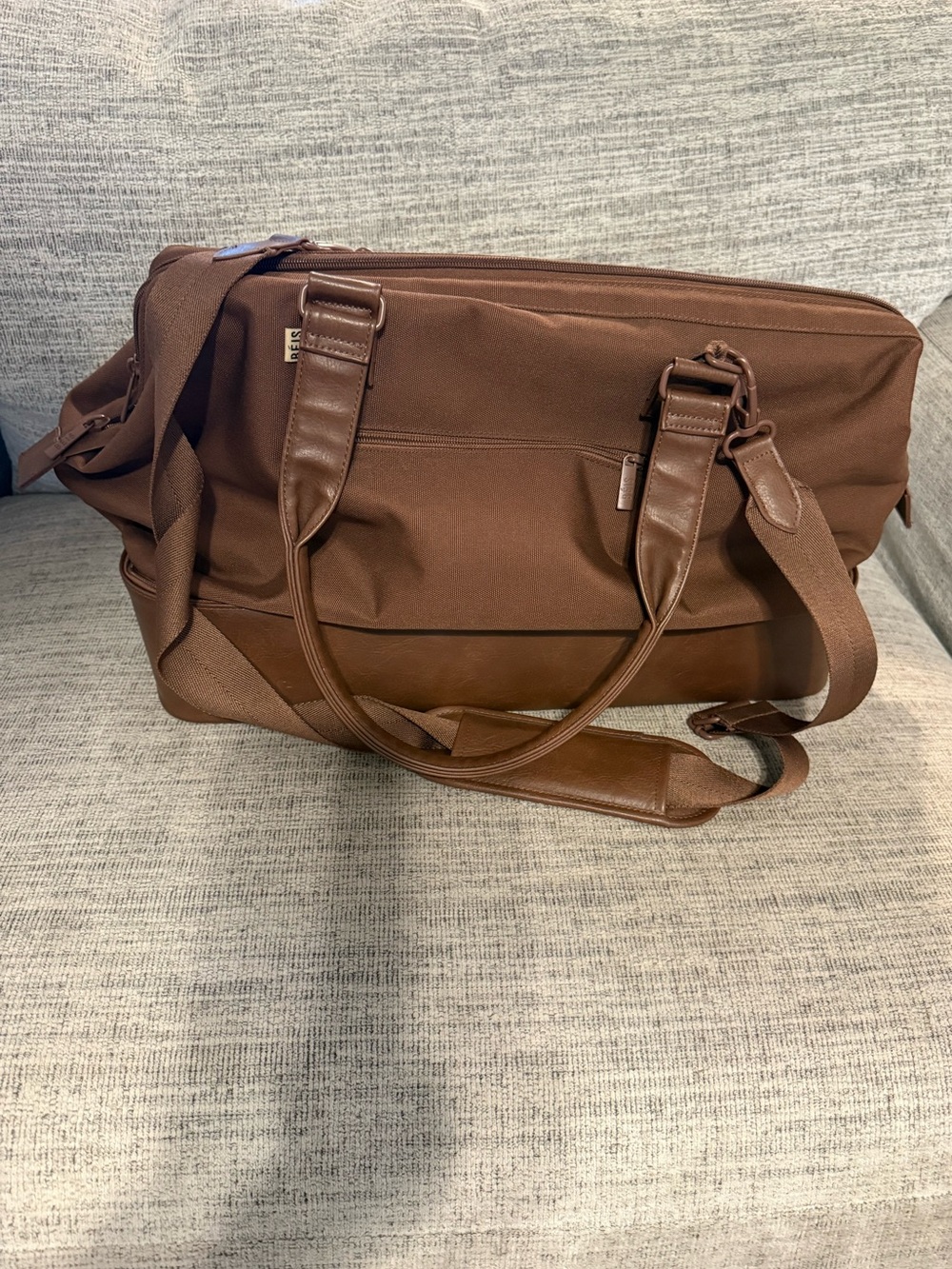 BEIS Brown Canvas Duffel with Leather Trim and Adjustable Strap - Picture 2 of 6